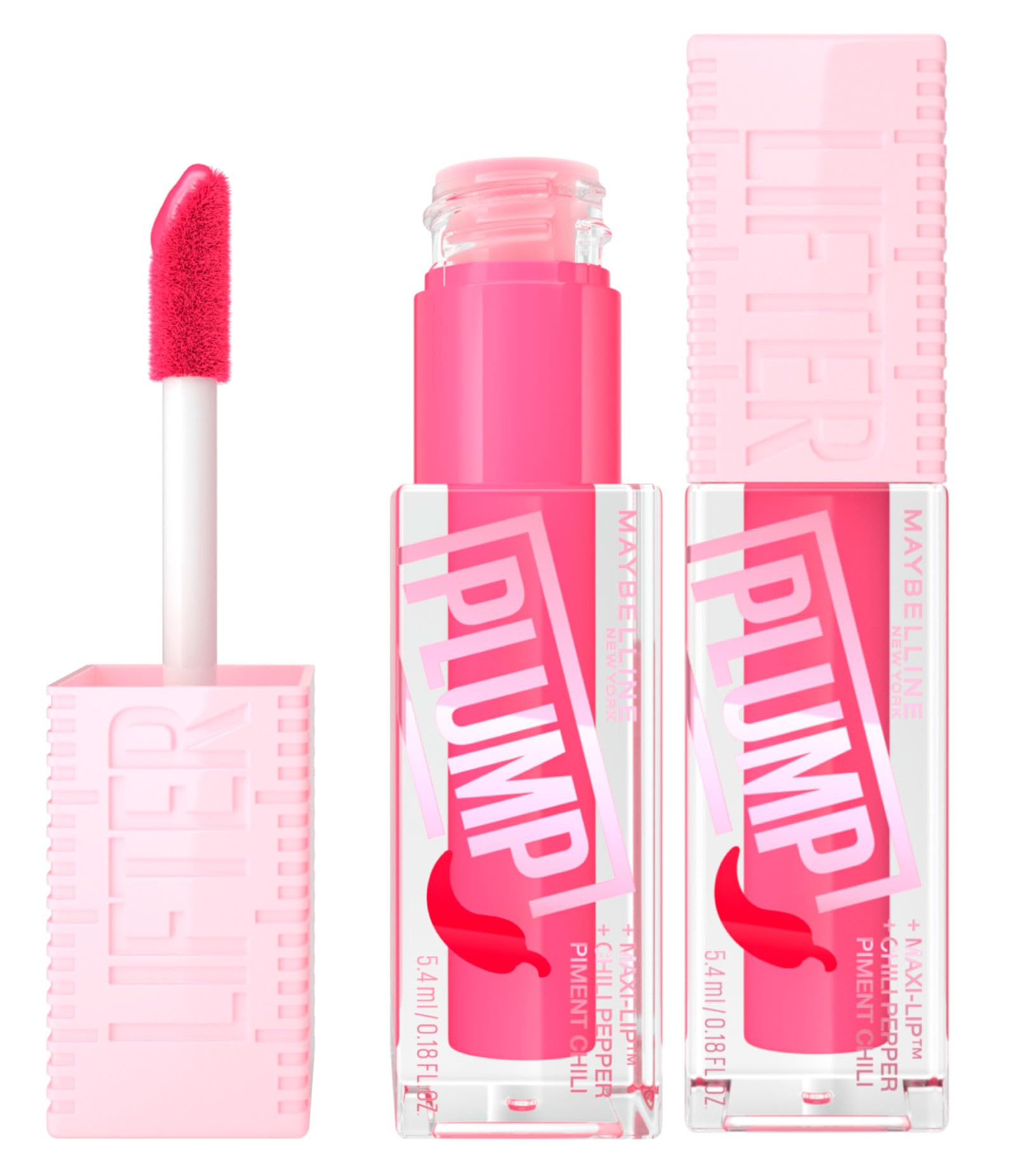 Maybelline New York Lifter Plump Lip Gloss with Chili Pepper Instant Plumping Filler Effect with XXL Applicator Color 003 Pink Sting - Set of 2