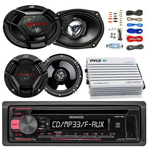 Kenwood KDC118 Car CD Player Receiver AUX Radio - Bundle Combo With 2x JVC 6x9" 3-Way Vehicle Coaxial Speakers + 2x 6.5" Inch 2-Way Audio Speakers + 4-Channel Amplifier + Amp Kit