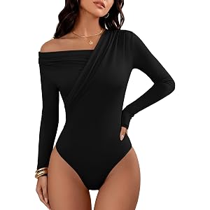 ANRABESS Bodysuits for Women Off Shoulder Long Sleeve Tops | Business Casual Body Suit, Asymmetrical Neck Top, Going Out Cute