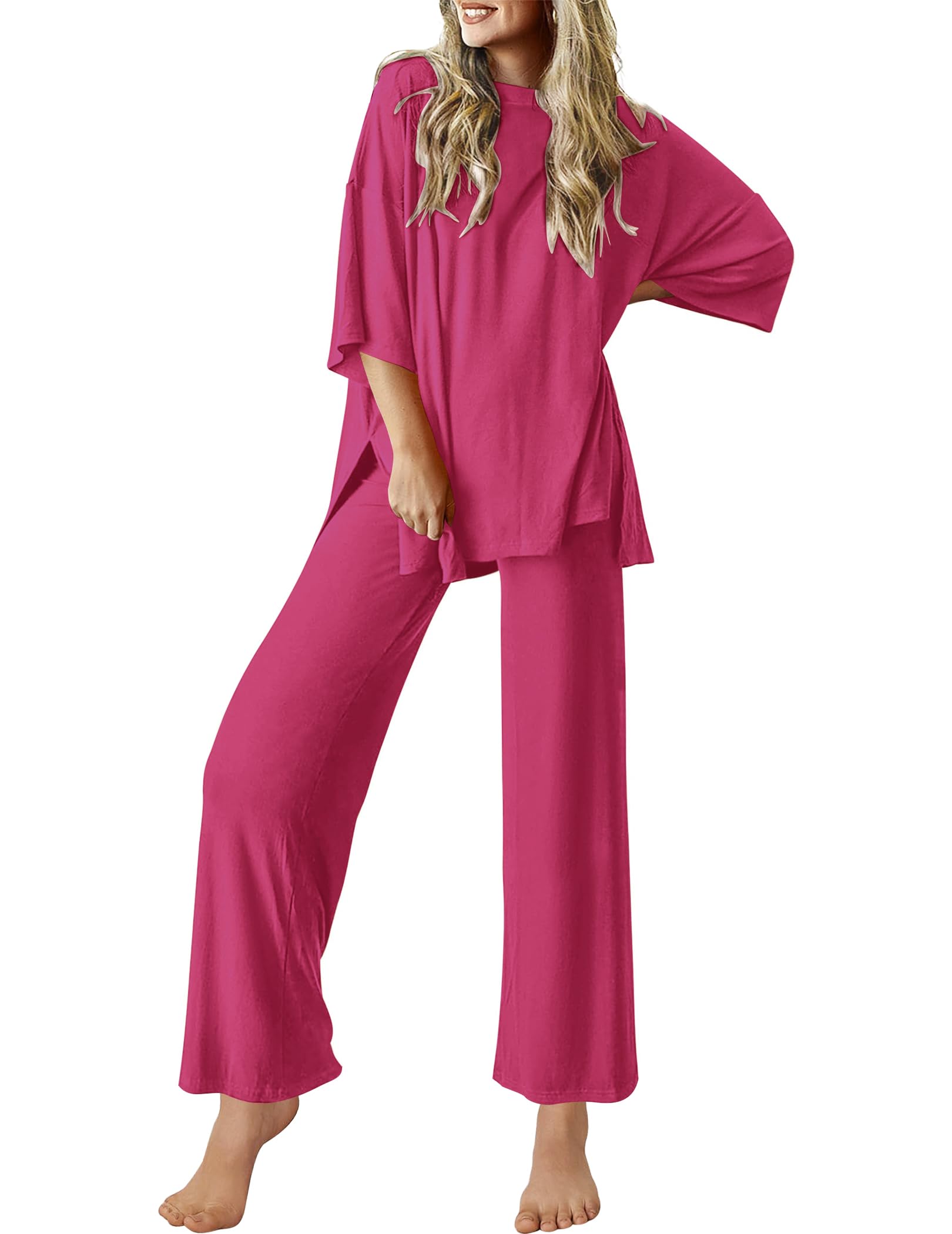 Ekouaer Lounge Sets for Women Short Sleeve Tops and Long Pants Soft Comfy Pajamas Set 2 Piece Outfits,Rose Red,XL Image