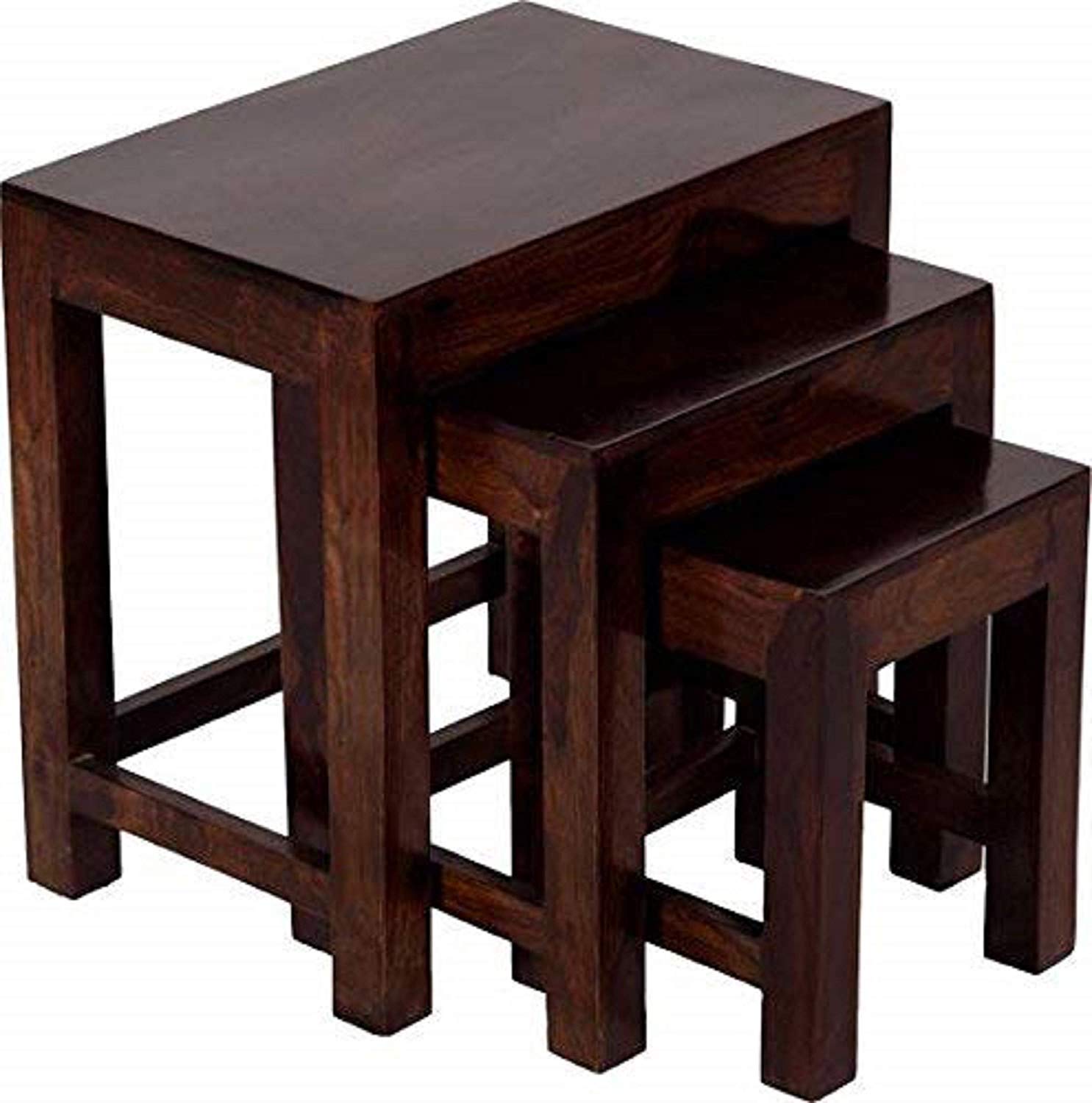 MODWAY Sheesham Wood Nesting Tables Set of 3 Stools Walnut Finish