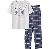 CYCHELRY Big Girls Pajamas Lovely 2PCS Soft Cartoon Short Sleeve with Pants Sleepwear Teens PJS Clothes Size 6-16