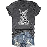 Easter Shirts for Women Happy Bunny Eggs Plaid Leopard Printed T-Shirt Short Sleeve Graphic Tee Tops