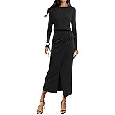 KIRUNDO Women’s Cocktail Wedding Guest Maxi Dress Lightweight Long Sleeve Boat Neck Knit Ruched Slit Slimming Dresses