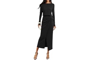 KIRUNDO Women’s Cocktail Wedding Guest Maxi Dress Lightweight Long Sleeve Boat Neck Knit Ruched Slit Slimming Dresses