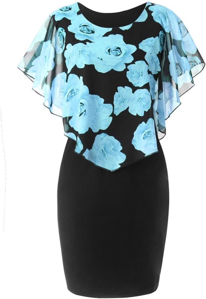 HGWXX7 Womens Fashion Plus Size Rose Print Chiffon Straight Skirt Ruffles Dress