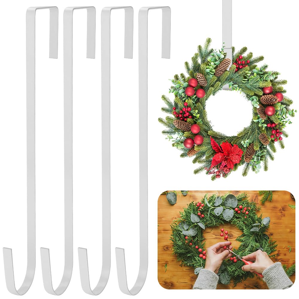 lmytdo Christmas Wreath Hanger for Front Door (12 in/30cm) Strong Metal Wreath Door Hanger Over Door Hooks for Wreath Holder for Xmas Wall Wedding Decor (4Packs White)