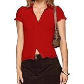 Women Fashion Lace Button Up Top Frill Cap Sleeve Shirt Slim Fit Y2K Blouses Streetwear