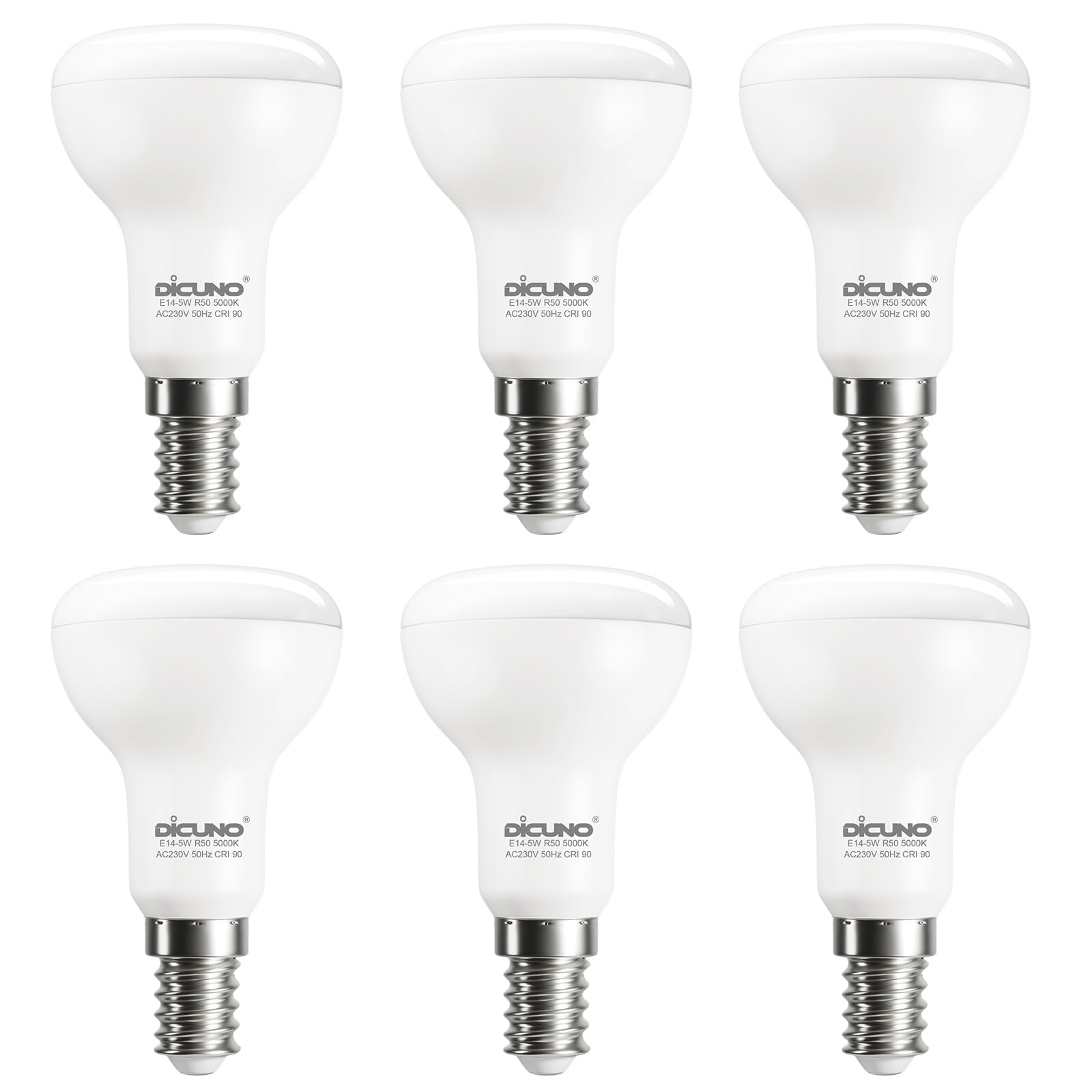 DiCUNO E14 LED Light Bulb, R50 Reflector Bulbs 5W, 550LM, 50W Halogen Equivalent Small E14 Screw Bulb, Daylight White 5000K, SES Spotlight Bulbs, CRI90, Non-dimmable, 6Pcs