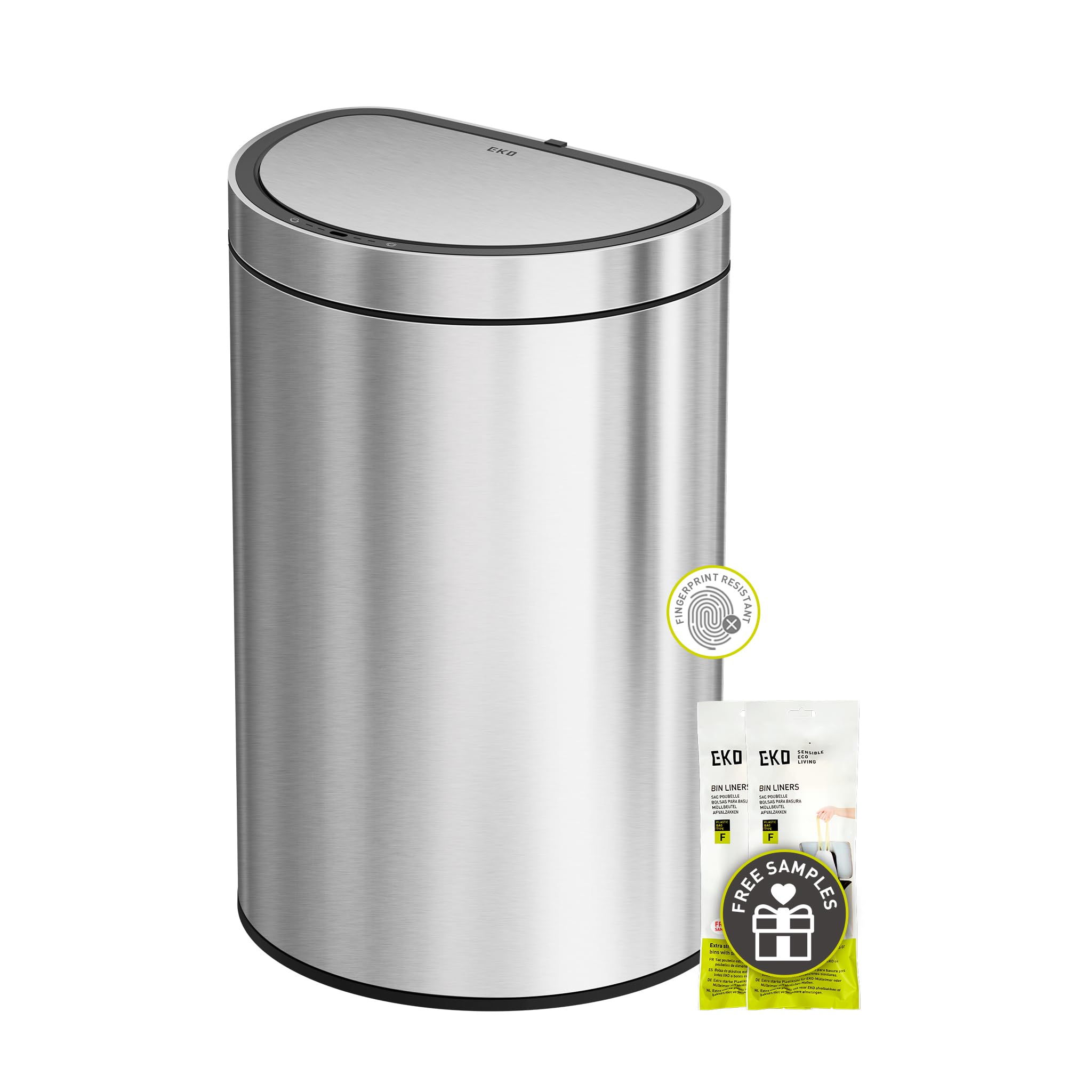 Photo 1 of EKO Mirage Semi-Round Motion Sensor Trash Can, 47 Liter / 12.4 Gallon Automatic Large Kitchen Trash Can with Deodorizer Compartment, Removable Lid and Bucket, Matte Stainless Steel