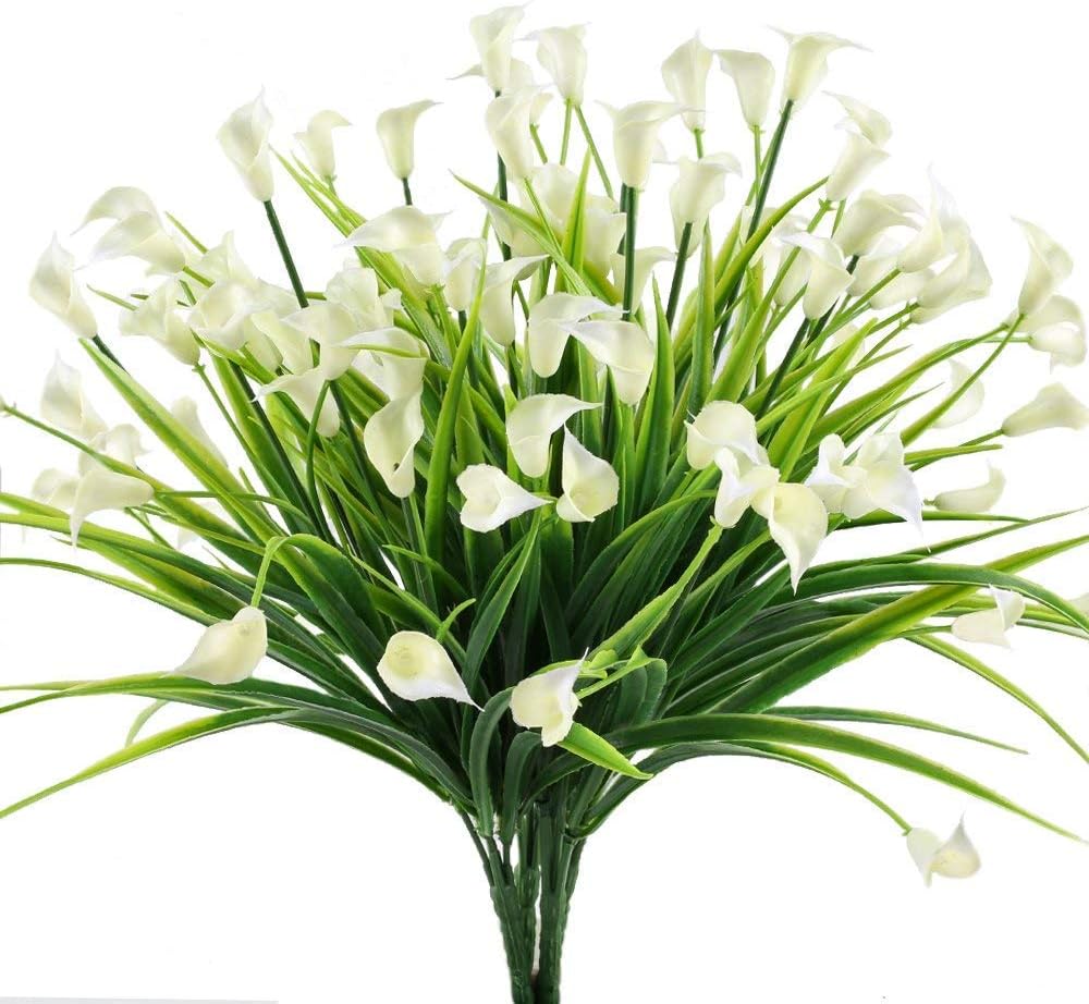 4pcs Artificial Calla lily Grass Fake Shrubs UV Resistant Faux Plants Faux Plastic Bushes Indoor Outdoor Home Office Garden Patio Yard Table Wedding Farmhouse Centerpieces Pot Decor (Cream)