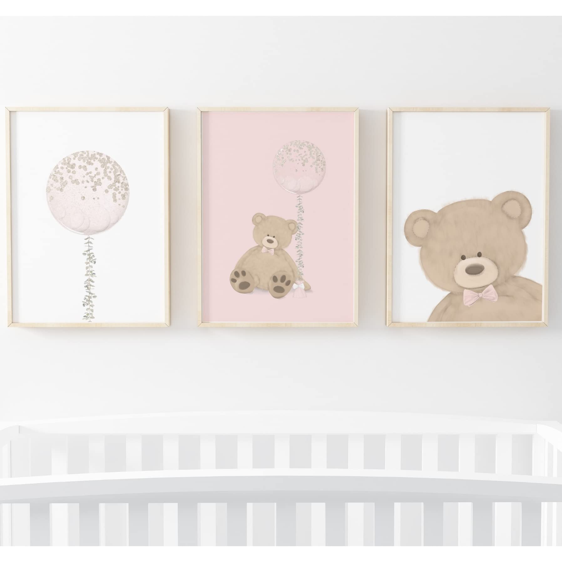 Cute Children's Bear Balloon Prints | Wall Art | Child Room | Kids Room Decor | Cute Animal Print | Animal Nursery Print (A3, Pink)