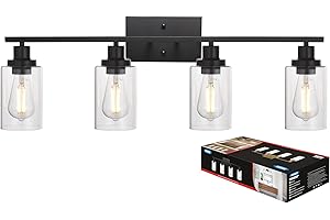MELUCEE 4 Lights Sconces Wall Lighting Black with Clear Glass Shade, Industrial Bathroom Light Fixtures Vanity Lights Porch Light Fixtures Wall Mount