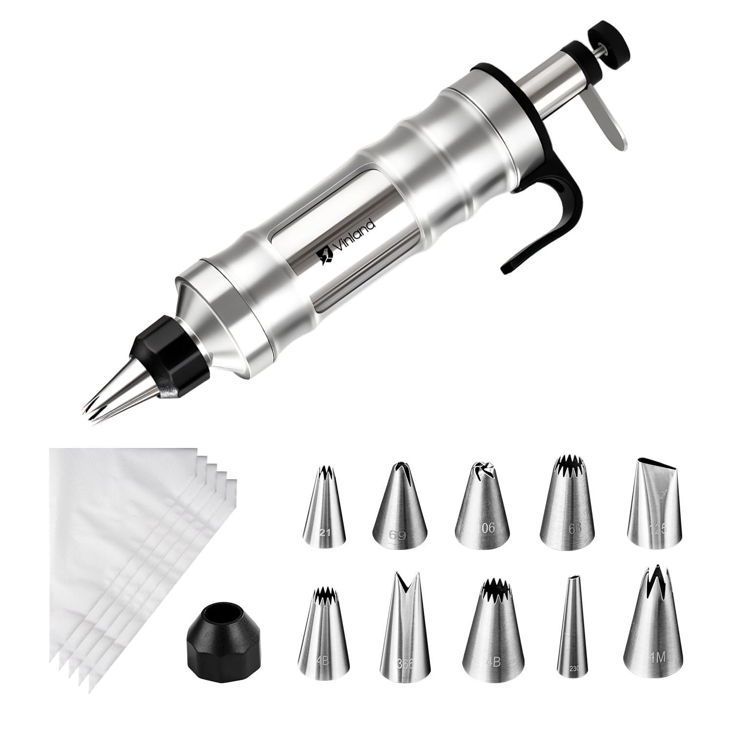 Photo 1 of Dessert Decorating Syringe Set Icing Piping Kit Frosting Piping Kit Stainless Steels Cake Decorating Kit with 10 food grade stainless steel piping tips & 50 Disposable Piping Bags Black