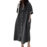 chouyatou Women's Summer Casual Short Sleeve Long Denim Shirt Dress Casual Loose Button Down Jean Dress