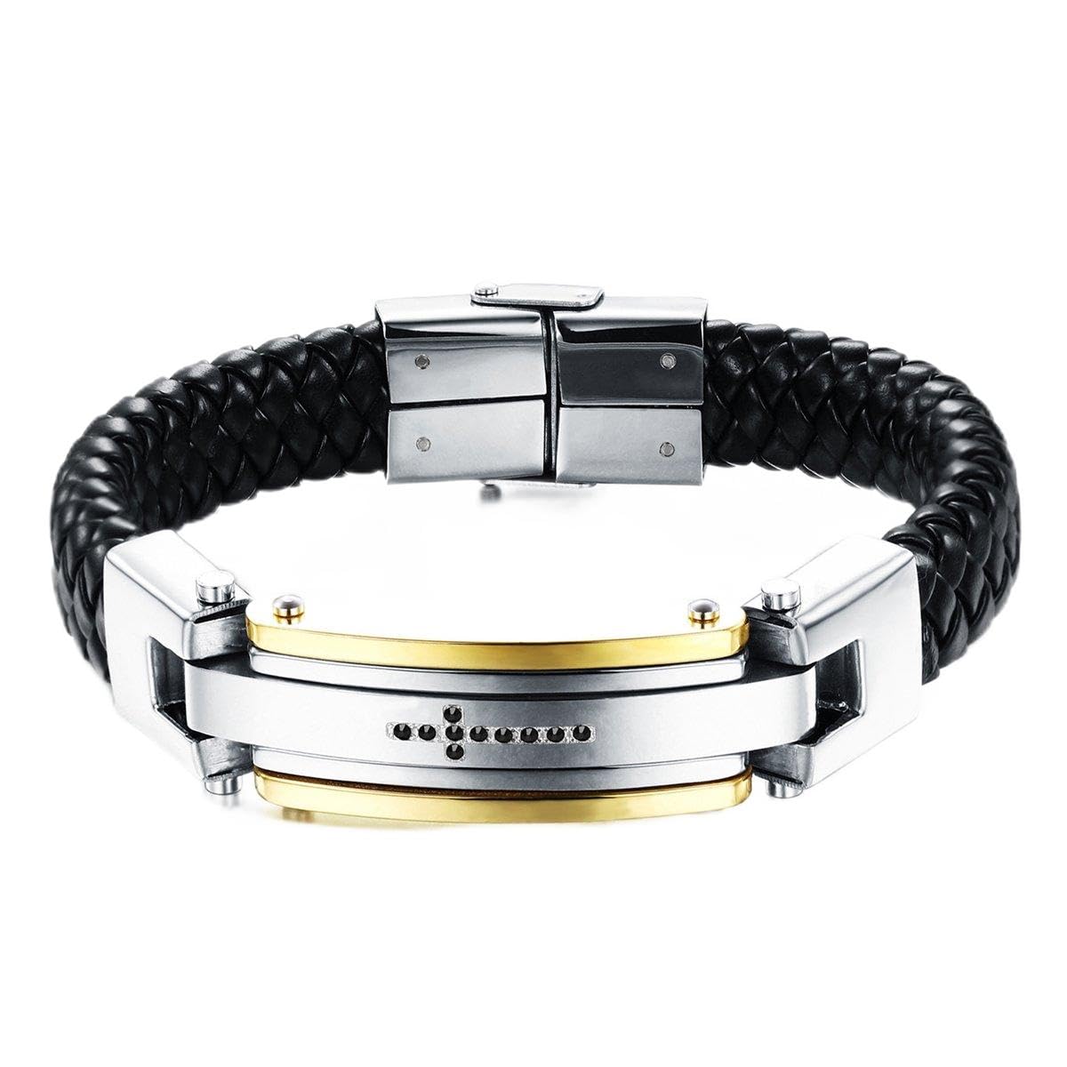 JewelryWe Christmas Gifts Mens Leather Bracelet Braided Bangle Cross Cuff Bracelets, 9.45 Inch (with Gift Bag)