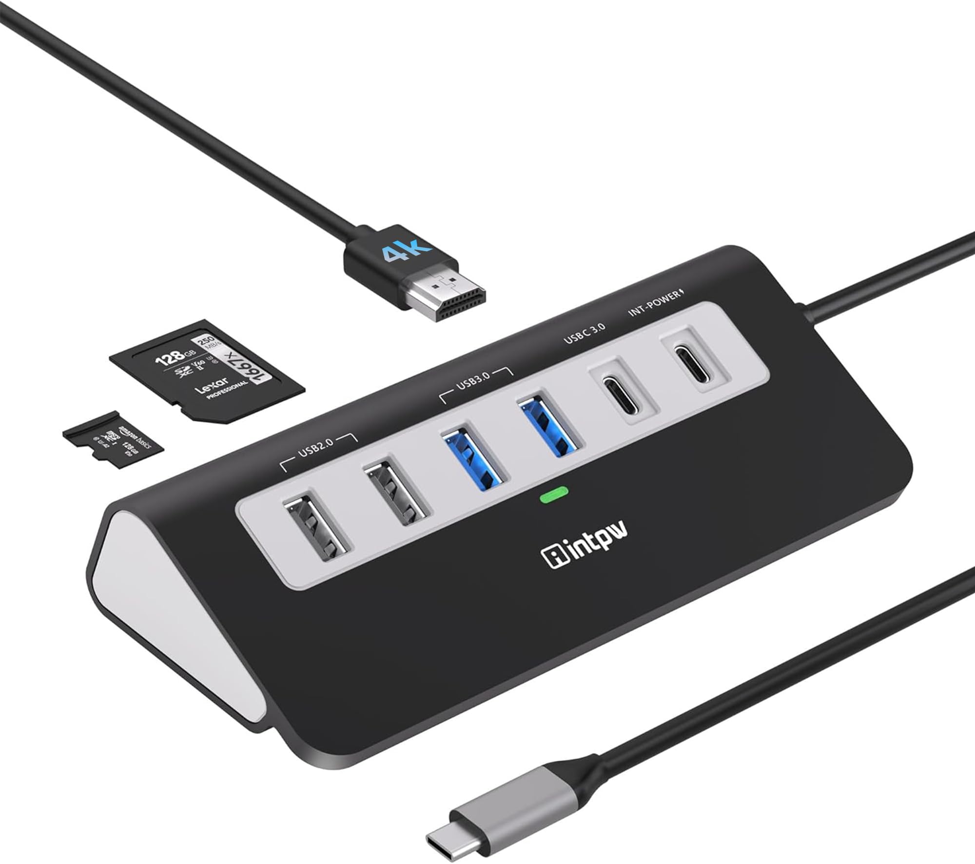Intpw USB Hub, 9-in-1 USB C Hub Multiport Adapter mit 4K HDMI, PD 100W, USB-C und 2 USB A 3.0 5Gbps, 2 USB A 2.0, SD/TF Slot, Schwarz Docking Station für MacBook Air/Pro iPad Typ C Tablet
