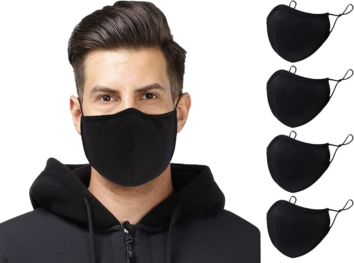 4 Pack Black Cotton Face Mask Washable Reusable Cloth Face Covering with Adjustable Strap Breathable Fashion Protective Mouth Covers Masks UK for Men Women