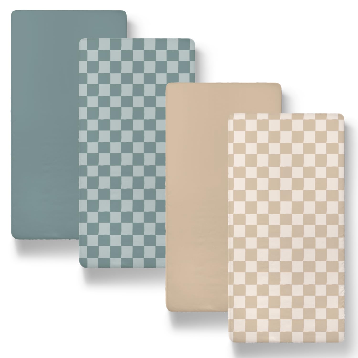 Photo 1 of The Peanutshell Organic Bassinet Sheets for Boys or Girls, 100% Jersey Cotton, Universal Fit for Oval, Rectangle, Hourglass Crib Mattresses, Checkered Nursery Decor, Tan Green Teal, 4 Pack