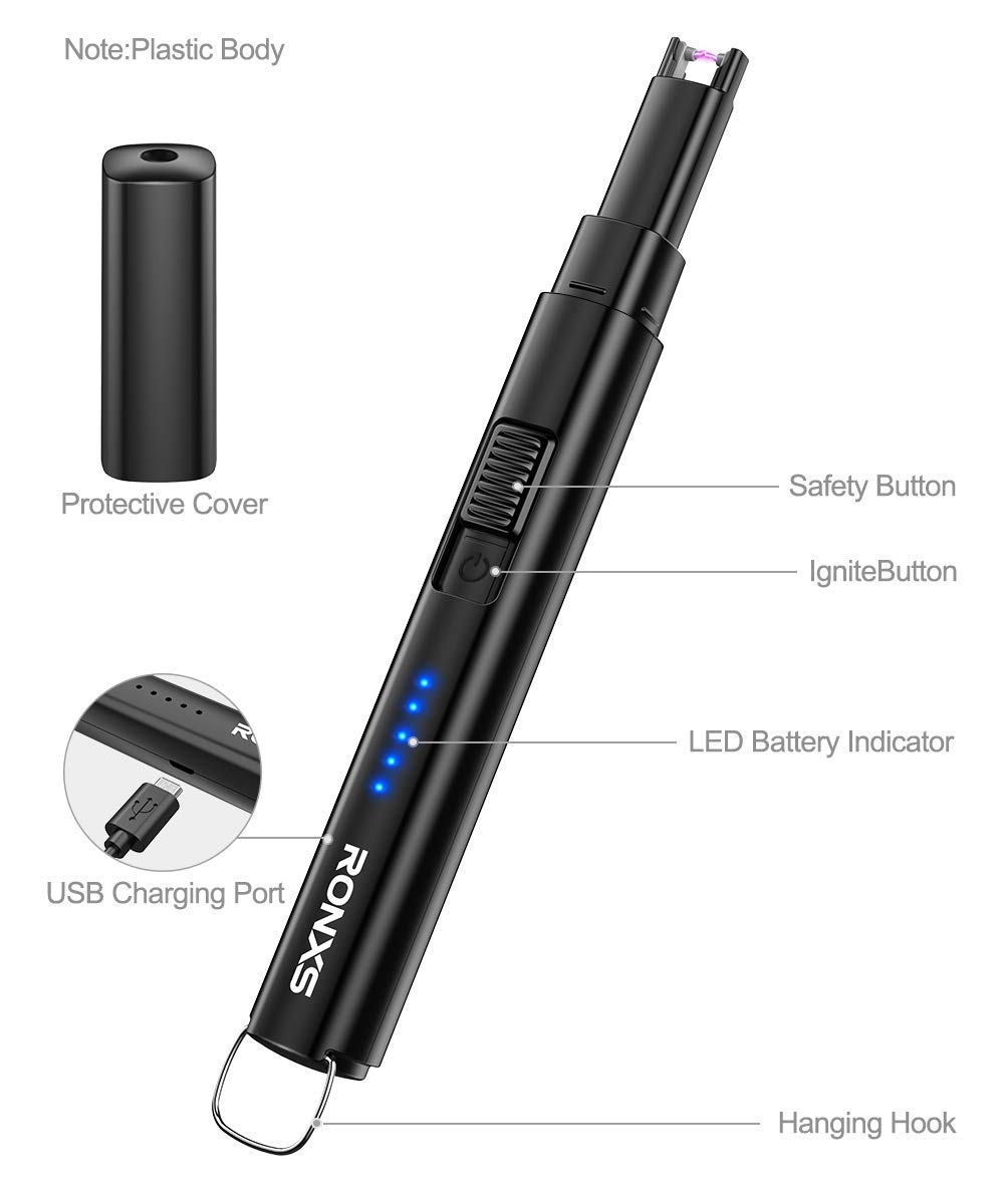 RONXS Lighter, Candle Lighter with Safety Design Cover, Battery Indicator Camping Lighter Windproof Portable 7IN Low Noise USB Plastic Lighter with Safety Switch/Hanging Hook for Candle Cooking BBQ