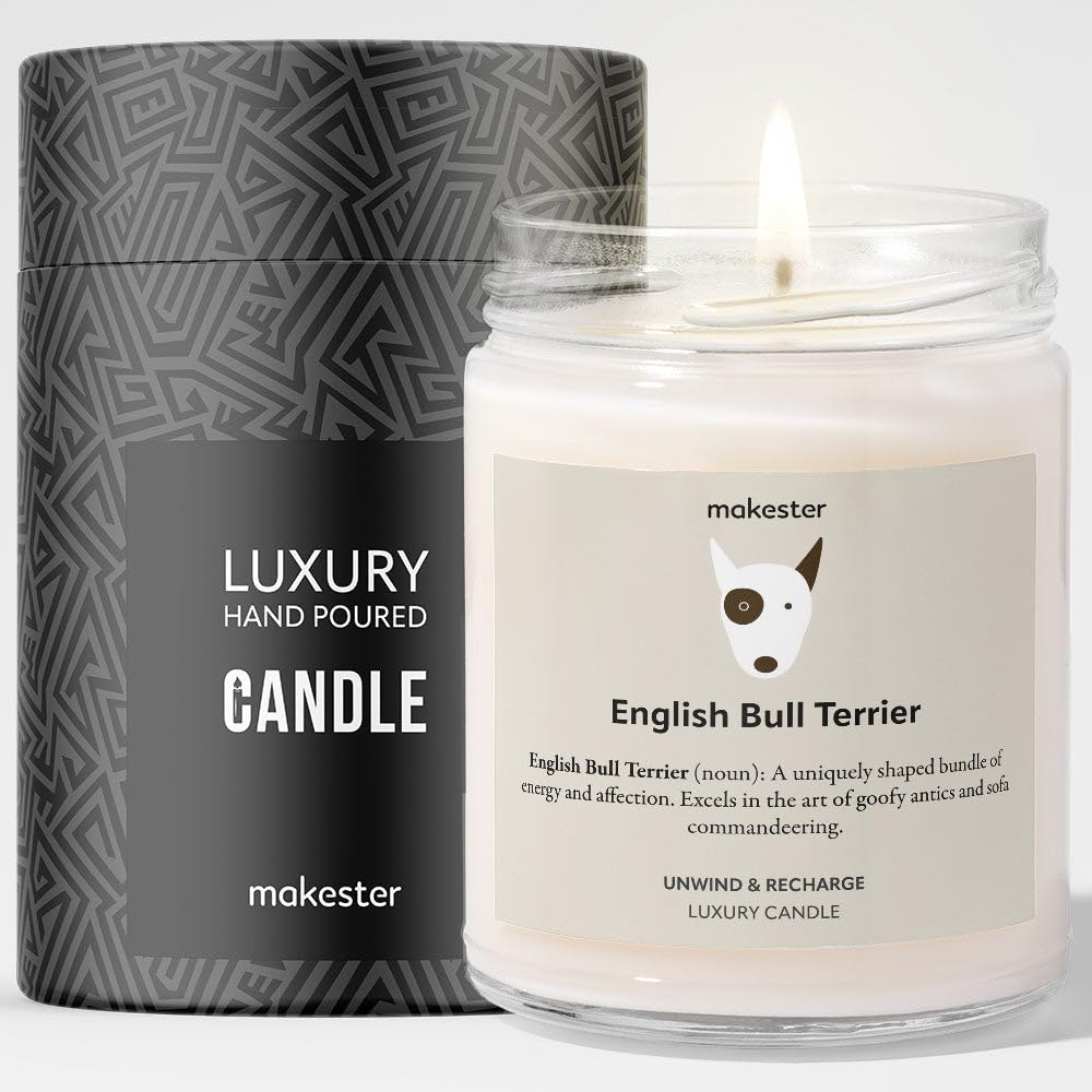English Bull Terrier Gifts - Luxury Soy Wax Candle - Vanilla, Jasmine, Sugared Almond - Makester