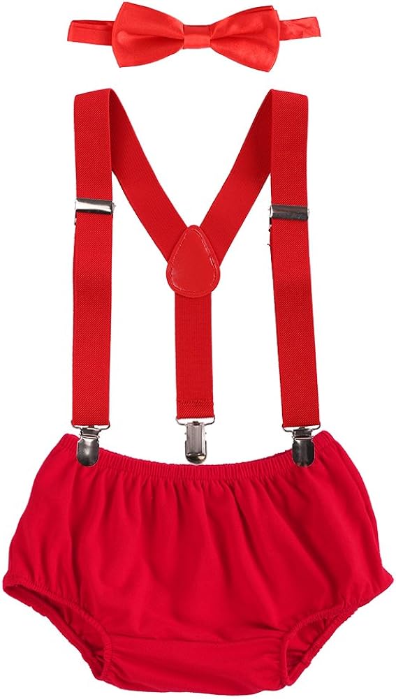 FYMNSI Baby Boy Cake Smash Outfit Newborn Infant Toddler Kids 1st / 2nd Birthday Party Photo Shoot Gentleman Set Adjustable Y-back Suspenders Braces + Bow Tie + Diaper Cover Shorts Pants 3pcs Red