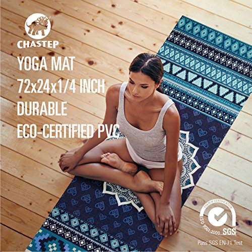 Chastep Premium Print Yoga Mat Reversible - Non Slip & Anti Tear Excercise Padding 1/4" Extra Thick Workout Pilates Fitness Mats with Carry Bag, Orion Blue