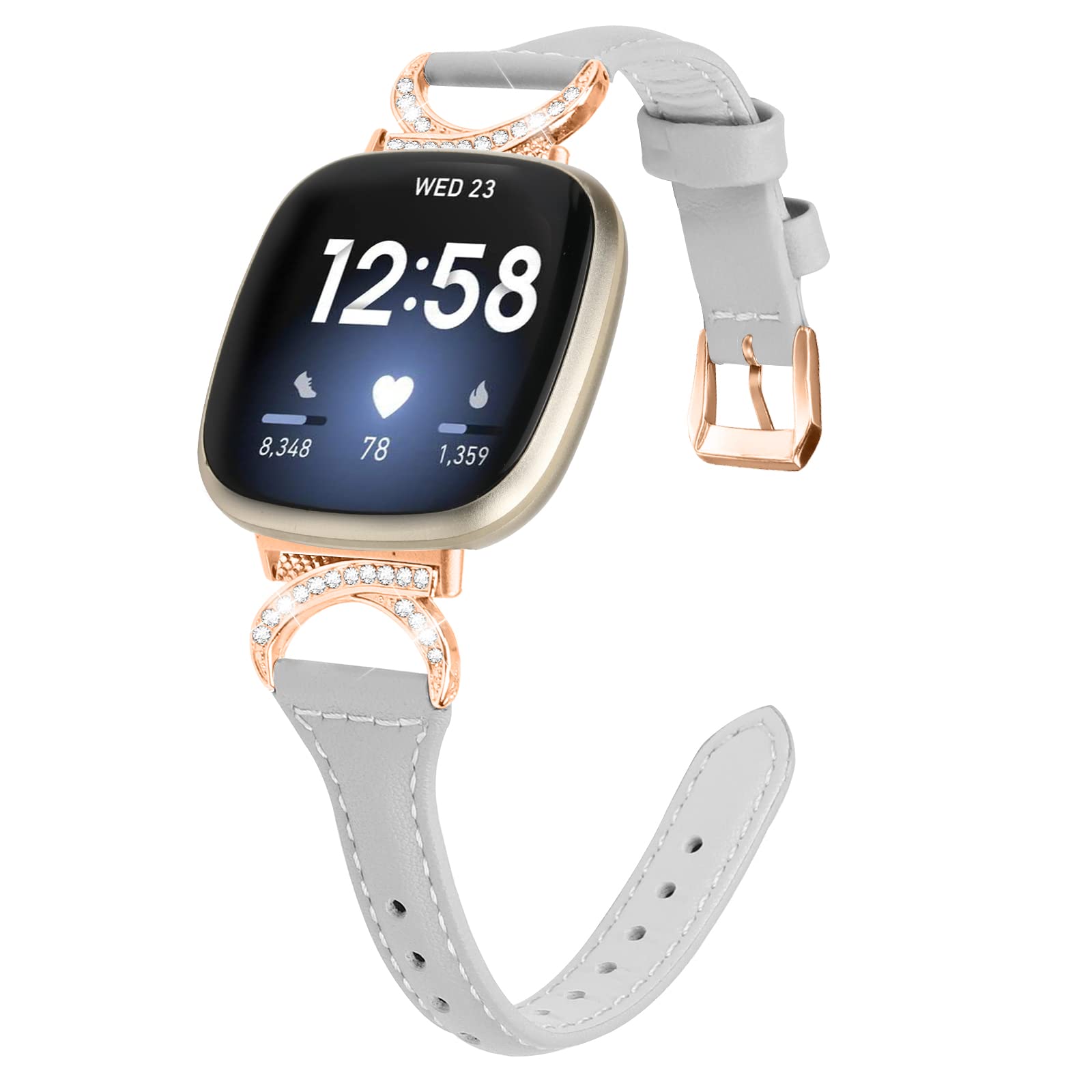 Gimuk Leather Strap Compatible with Fitbit Versa 4/Sense 2, Women's Genuine Leather Sport Band Metal Bling Rhinestone Replacement Wristband for Fitbit Versa 3/Sense (Grey/Rose Gold)