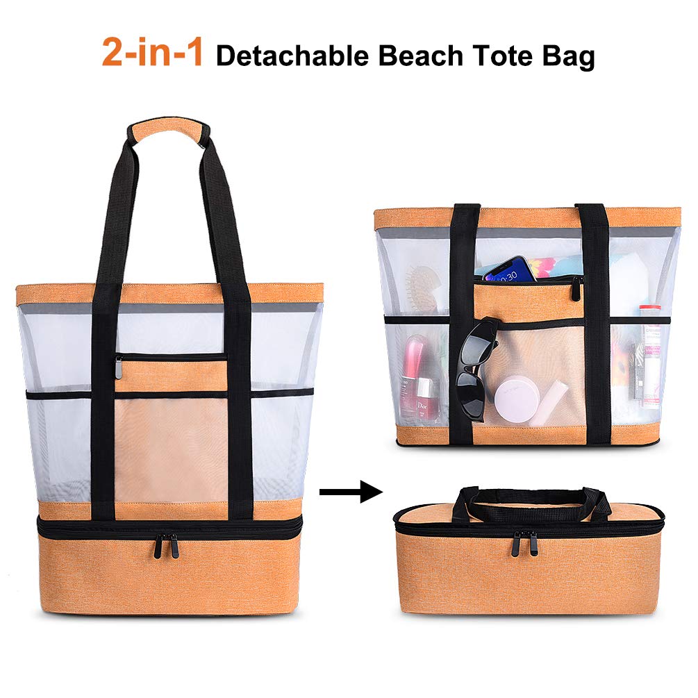 VBIGER Mesh Beach Tote Bag with Detachable Insulated Cooler Bag,Large Capacity Tote Bag Beach Gear Beach Essentials Bag Pool Bag for Women