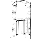 Outsunny 84" Garden Arch Arbor with Gate Metal for Climbing Vines Black | Metal Arch Trellis, Garden Archway, Wedding Ceremony Decoration, Flourishes &amp; Arrow Tips