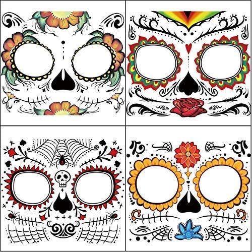 Powerful 4 Pack Halloween Face Tattoo Sticker Glitter Red Roses Day of The Dead Sugar Skull Temporary for Halloween (4 Pack+Flower)