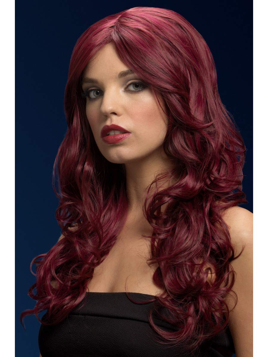 Smiffys Fever Nicole Wig, Red Cherry, Red Soft Wave with Side Parting, 26inch/66cm, Fever Wigs Fancy Dress, Fever Dress Up Wigs