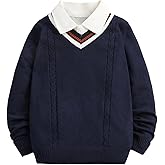 Floerns Boy's Striped V Neck Sweater Long Sleeve Cable Knit Casual Pullover Sweaters