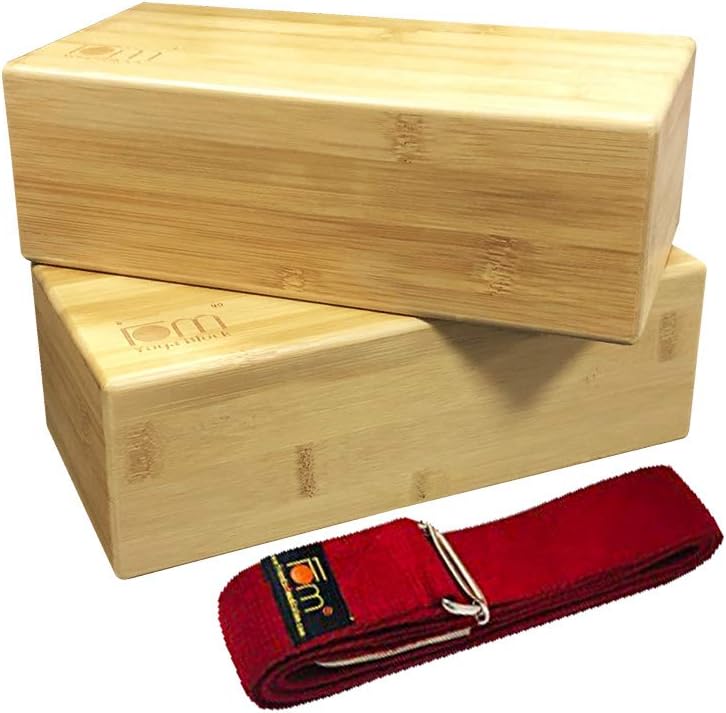 FOM (Friends of Meditation) Wooden Yoga Blocks Kit -2 Wooden Blocks and 1 Yoga Belt (Brown)