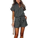 Paintcolors Women's Summer Short Sleeve Button Down Pockets Belted Elastic Waist Solid Color Jumpsuits Rompers