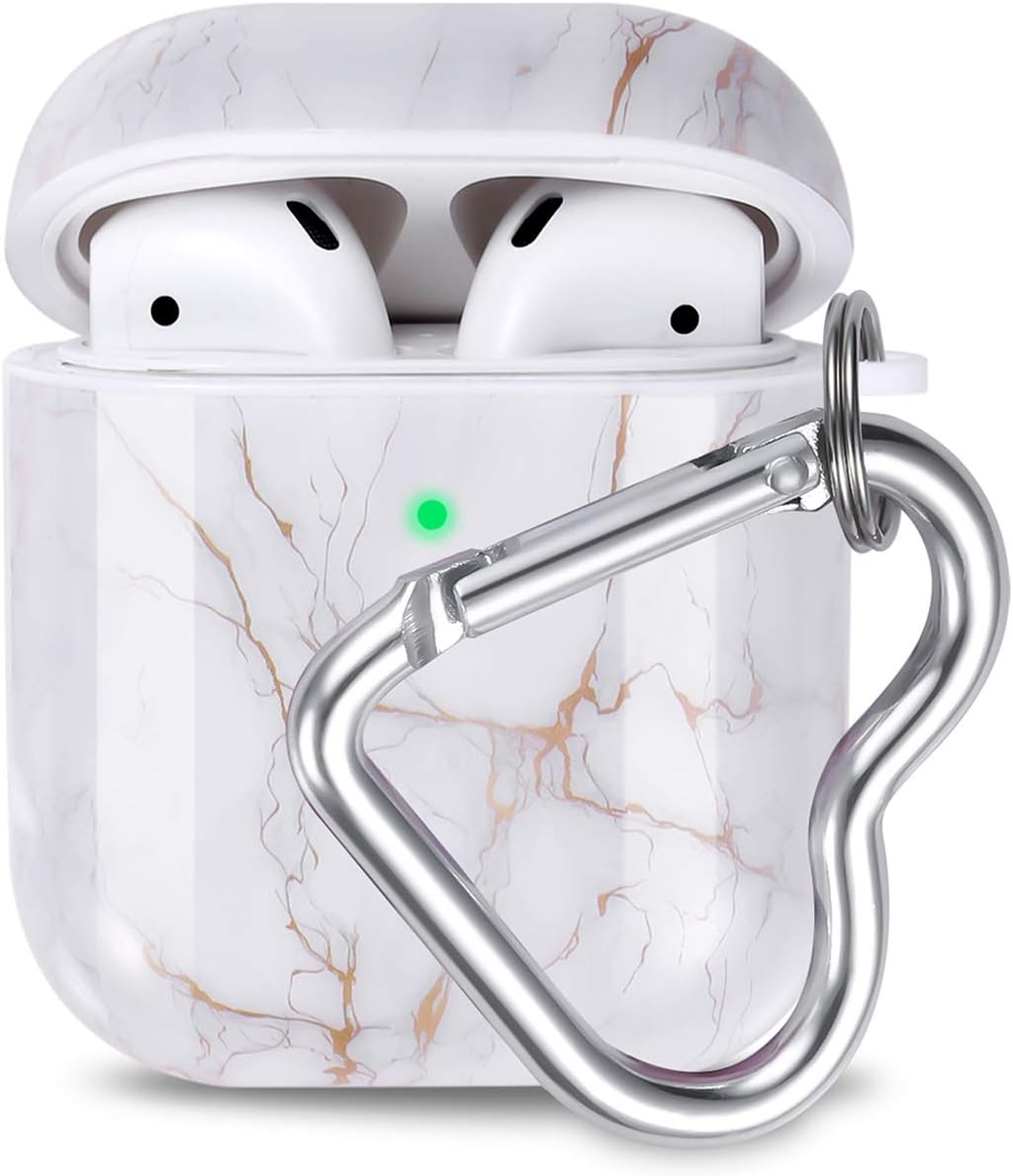 Airpods Case, Olytop Cute Marble Air pods Protective Case Cover Printed Hard Skin Women Girl for Apple Airpods Charging Case with Heart-Shaped Keychain AirPods 2/1 Accessories Set (Gold)