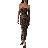 GORGLITTER Women's Mesh Strapless Ruched Bodycon Maxi Dress Wedding Guest Prom Cocktail Summer Y2k Long Tube Dresses