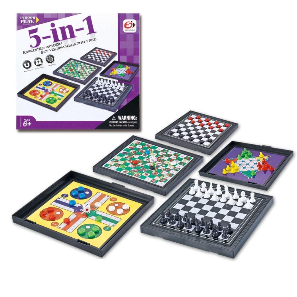 5 in 1 Chess Board Set Classic Board Games Mini Magnetic Game Portable Travel Game Board Traditional Fun Board Games Include Flying Chess Checker Snake Chess Draughts Ladders Checker for Kids Children