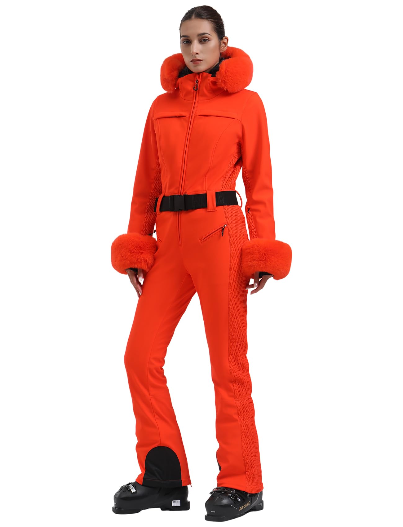 Photo 1 of GSOU SNOW Womens Ski Suit One Piece Snowsuit Snowboard Jacket Slim Snow Jumpsuit Faux Fur Ski Outfit Waterproof Windproof Insulated,Orange S