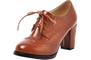 DEAR TIME Women's Chunky Heeled Oxfords Leather Shoes Vintage Lace-up Brogue Shoes Comfortable Wingtip High Heel Pumps Shoes