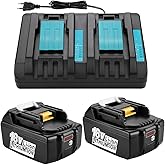 2Pack 18V 6.0A Li-ion Replacement Battery + DC18RD Dual Port Charger for Makita 18V Battery BL1850B BL1830 BL1840 BL1850 BL18