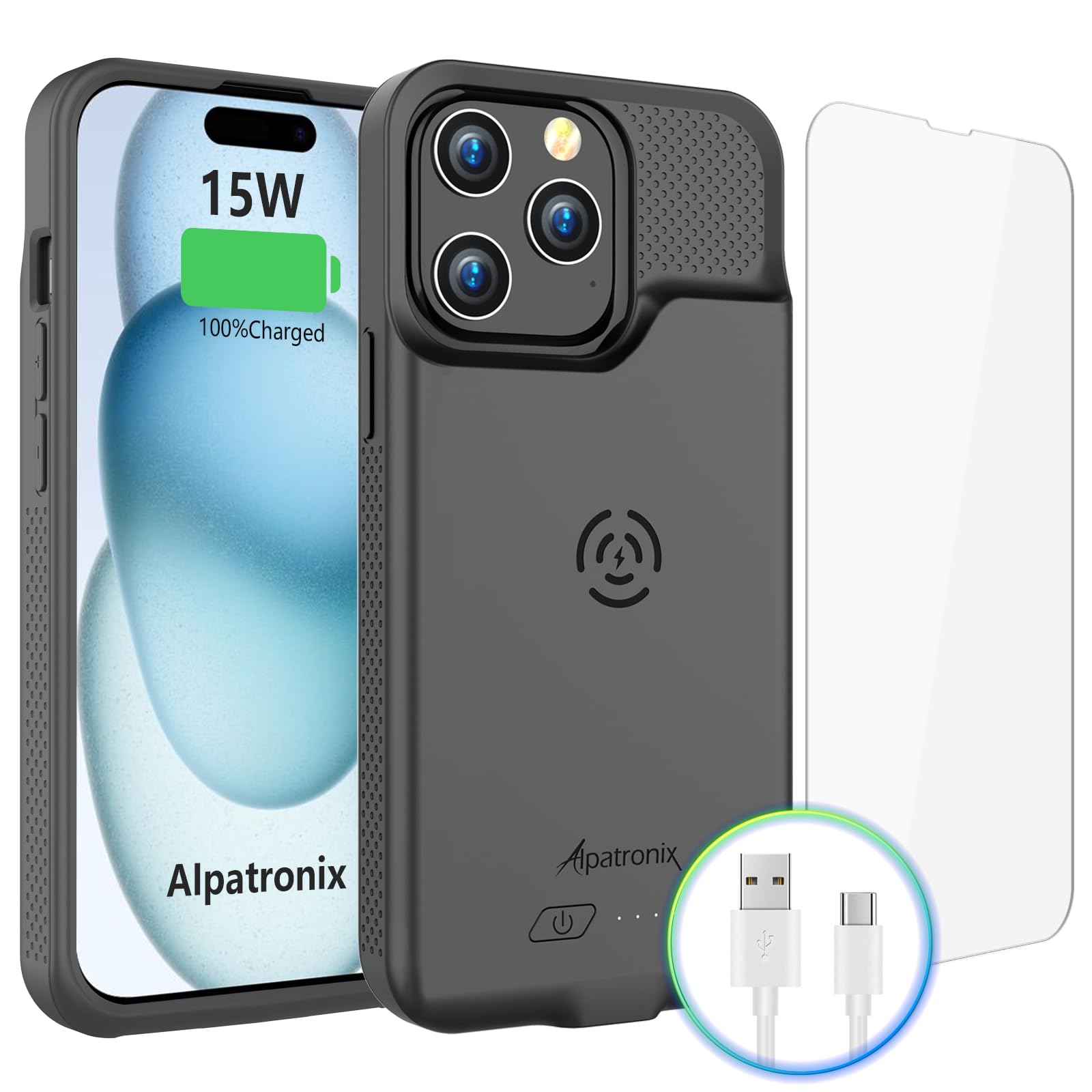 Alpatronix Battery Case for iPhone 15 Pro Max & 15 Plus, Portable Strong Slim Protective Extended Charger Case, 15W Fast Charging, 7000mAh Wireless Charging Case, Apple Pay, CarPlay (BX15PM) –Black