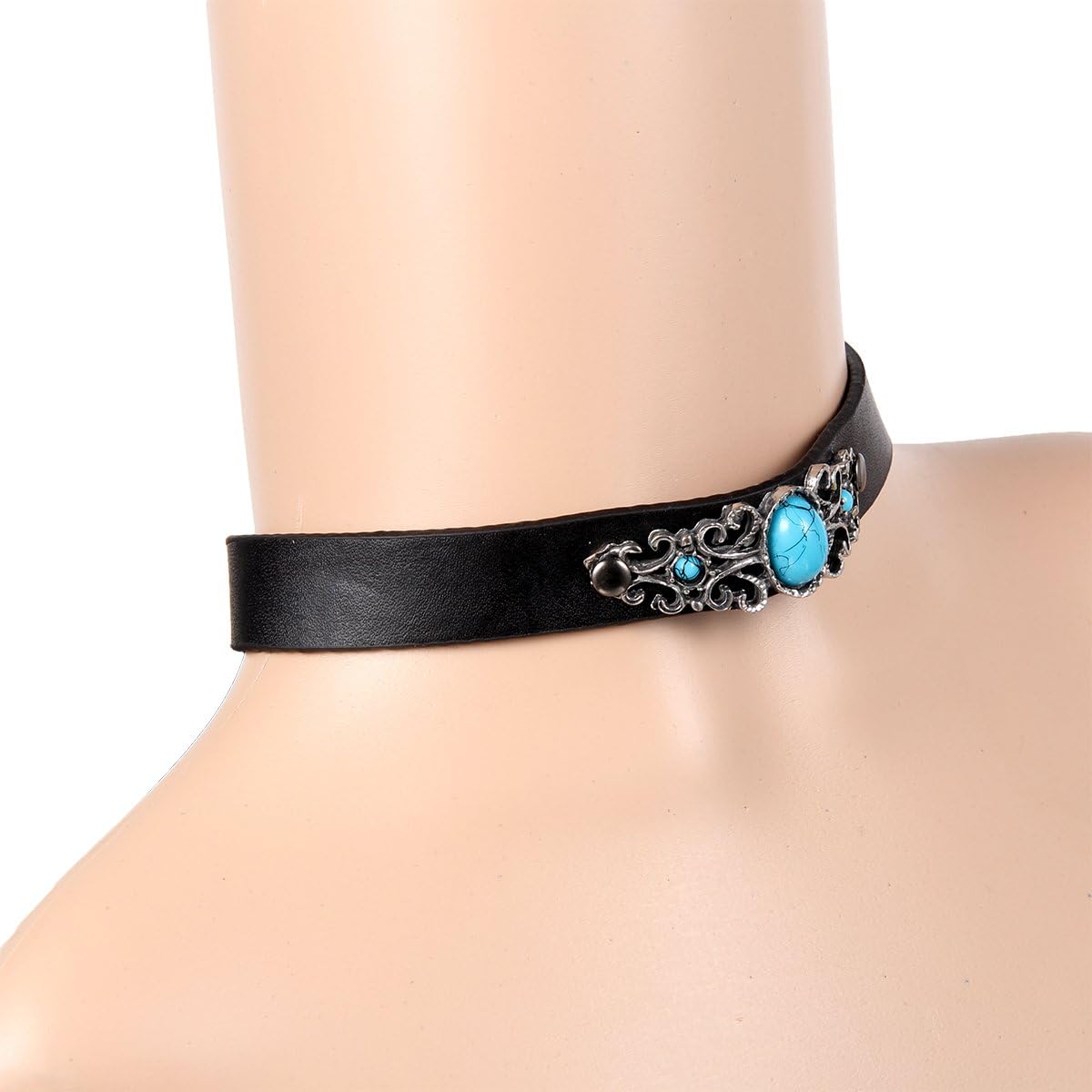 JewelryWe Black Elegant Gothic Faux Turquoise Leather Vintage Pendant Necklace Choker Collar for Halloween Party Custume Accessories - Image 5