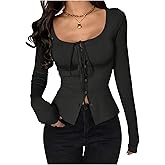 SOLY HUX Women's Long Sleeve Shirts Bow Tie Button Down Scoop Neck T-Shirt Aesthetic Going Out Tops