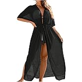 OYOANGLE Women's Beach Kimono Cover Ups Mesh Sheer Tie Waist Short Sleeve Long Cardigans Resort Wear