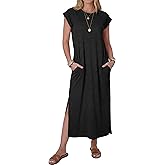 ANRABESS Women Summer Maxi Dress 2026 Casual Loose Cap Sleeve Crewneck Split Beach Vacation Long Sundress with Pockets