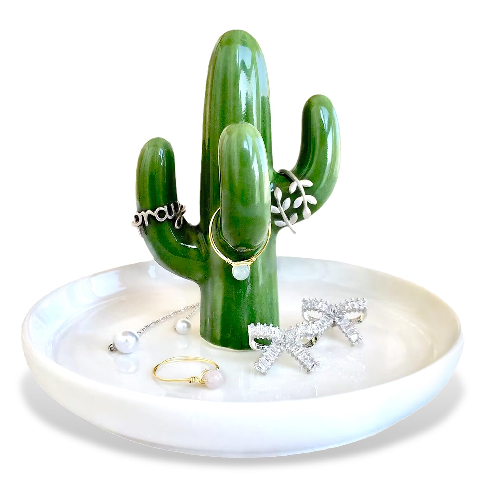 MengCat Cactus Ring Holder Dish Jewellery Dish, Ceramic Jewelry Tray Organizer Display Trinket Dish for Aesthetic Room Decor Birthday Gifts For Women, Wedding Housewarming Gifts for Her, Mum, Girls