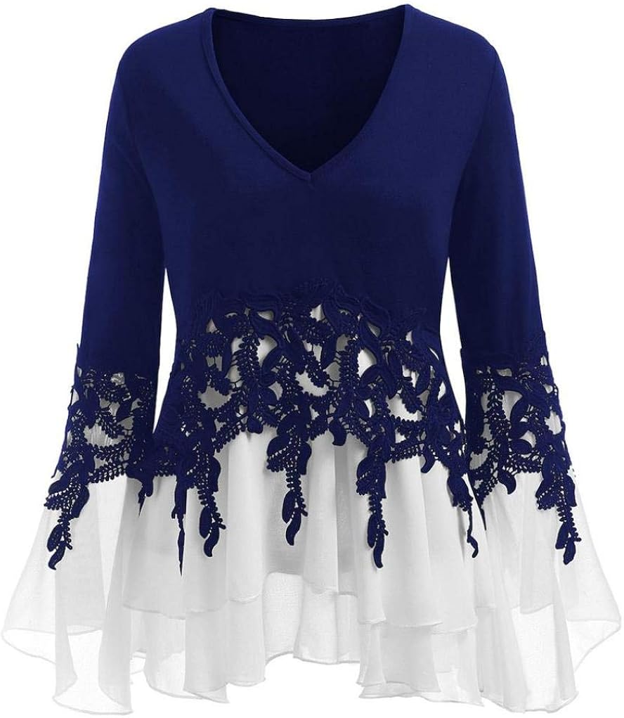 Applique Flowy Chiffon VNeck Long Sleeve Blouse Fashion Womens Casual