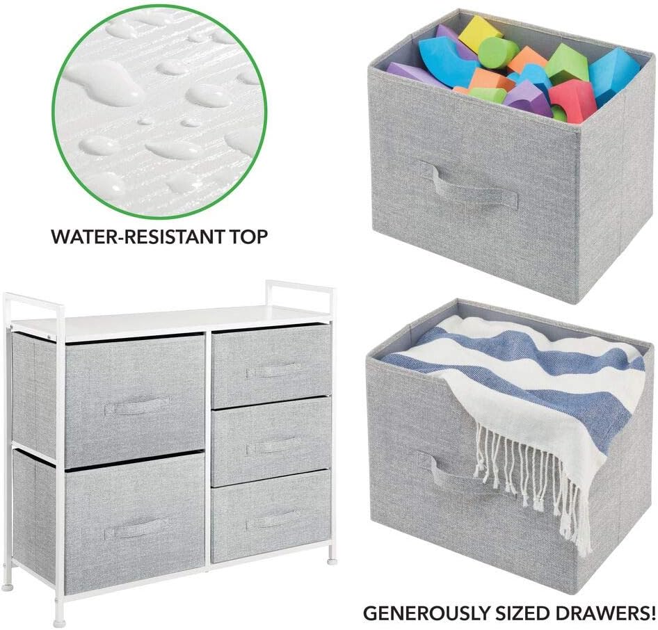 mDesign Wide Dresser Storage Tower - Sturdy Steel Frame, Wood Top, Easy Pull Fabric Bins - Organizer Unit for Bedroom, Hallway, Entryway, Closets - Textured Print, 5 Drawers - Gray/White: Home & Kitchen