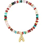 Maxcate Beaded Initial Bracelets for Women, 14K Gold Plated Initial Letter Charm Rainbow Gemstone Colorful Summer Beach Jewelry for Women
